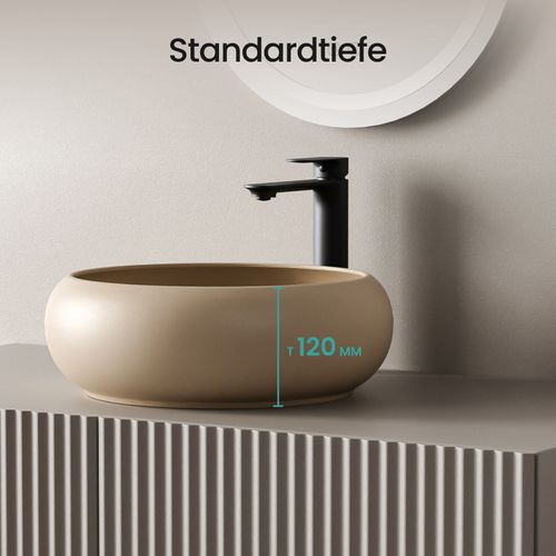 Vasque à Poser Ronde Incurvée 360 X 360 X 120mm Céramique Beige Mat Avec Trou Robinet