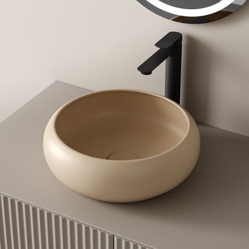 Vasque à Poser Ronde Incurvée 360 X 360 X 120mm Céramique Beige Mat Avec Trou Robinet