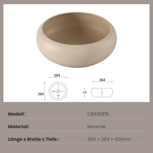 Vasque à Poser Ronde Incurvée 360 X 360 X 120mm Céramique Beige Mat Avec Trou Robinet