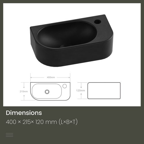 Vasque Suspendue Rectangulaire 400 X 215 X 120 Mm Céramique Noir Mat, Trou Pour Robinet à Gauche