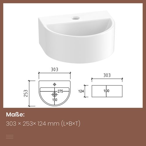Vasque Suspendue 303 X 255 X 120 Mm, Forme De U, Céramique Blanc Brillant Avec Trou Robinet