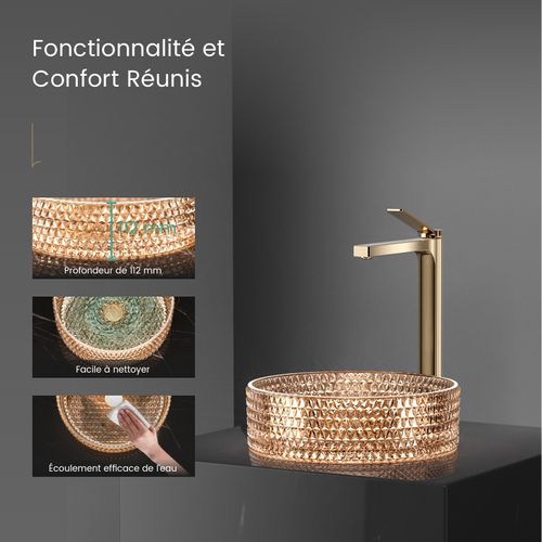 Vasque à Poser Ronde, 360 X 360 X 112 Mm, Lavabo En Verre Or Rose, Design Montage Sur Comptoir