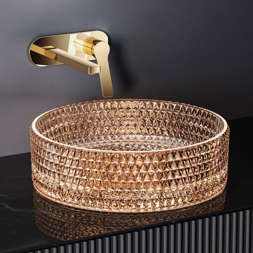 Vasque à Poser Ronde, 360 X 360 X 112 Mm, Lavabo En Verre Or Rose, Design Montage Sur Comptoir