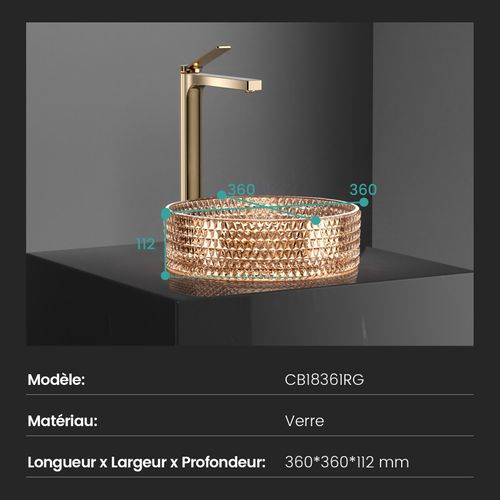 Vasque à Poser Ronde, 360 X 360 X 112 Mm, Lavabo En Verre Or Rose, Design Montage Sur Comptoir