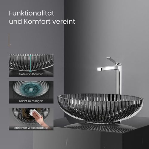 Vasque à Poser Ovale, 510 X 350 X 150 Mm, Lavabo En Verre Noir, Design Montage Sur Comptoir