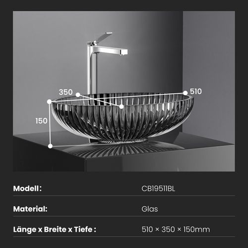 Vasque à Poser Ovale, 510 X 350 X 150 Mm, Lavabo En Verre Noir, Design Montage Sur Comptoir