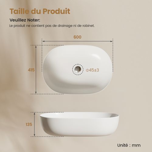 Vasque à Poser Rectangulaire Arrondie 600 X 415 X 135 Mm Céramique Blanc Mat Avec Trou Robinet