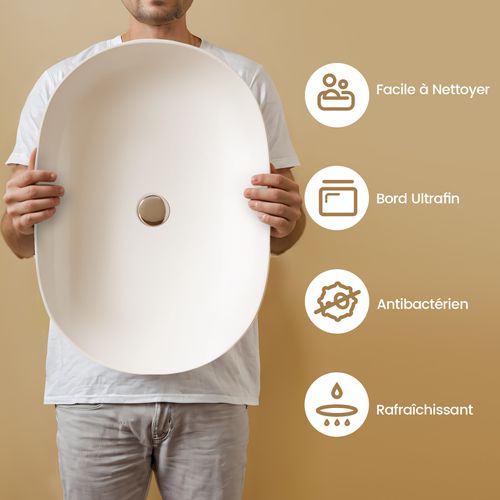 Vasque à Poser Rectangulaire Arrondie 600 X 415 X 135 Mm Céramique Blanc Mat Avec Trou Robinet