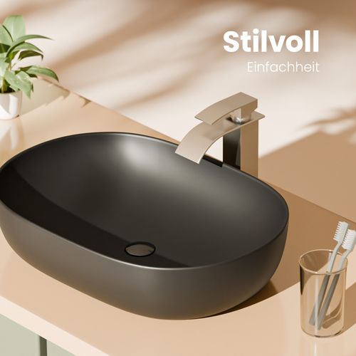 Vasque à Poser Rectangulaire Arrondie 600 X 415 X 135 Mm Céramique Noir Mat Avec Trou Robinet