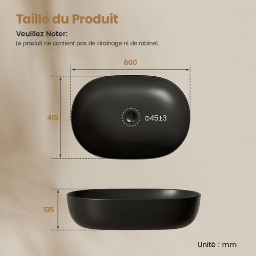Vasque à Poser Rectangulaire Arrondie 600 X 415 X 135 Mm Céramique Noir Mat Avec Trou Robinet