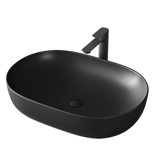 Vasque à Poser Rectangulaire Arrondie 600 X 415 X 135 Mm Céramique Noir Mat Avec Trou Robinet