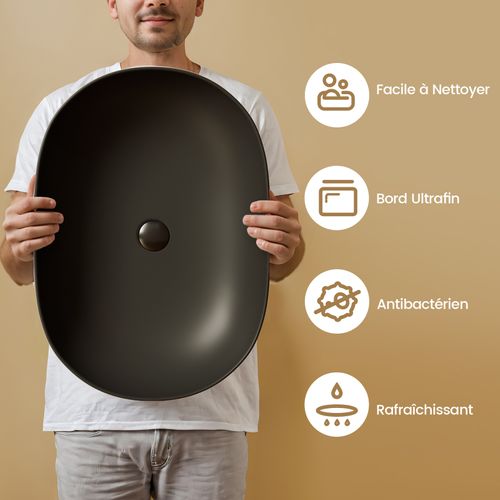 Vasque à Poser Rectangulaire Arrondie 600 X 415 X 135 Mm Céramique Noir Mat Avec Trou Robinet