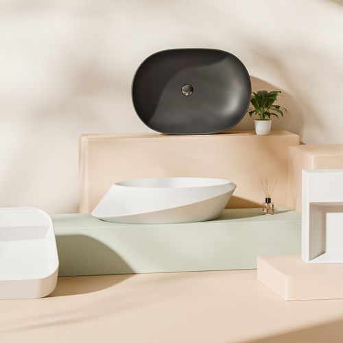 Vasque à Poser Rectangulaire Arrondie 600 X 415 X 135 Mm Céramique Noir Mat Avec Trou Robinet