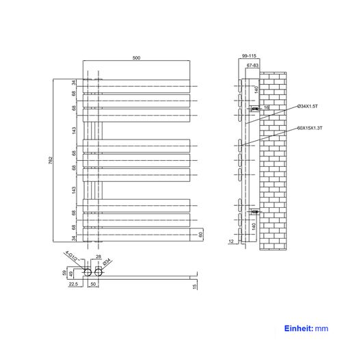 Sèche-serviettes à Eau Chaude 762x500mm, 397w, Panneau Plat, Raccords Latéraux, Anthracite