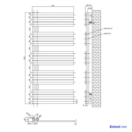 Sèche-serviettes à Eau Chaude 1320x600mm, 798w, Panneau Plat, Raccords Latéraux, Noir