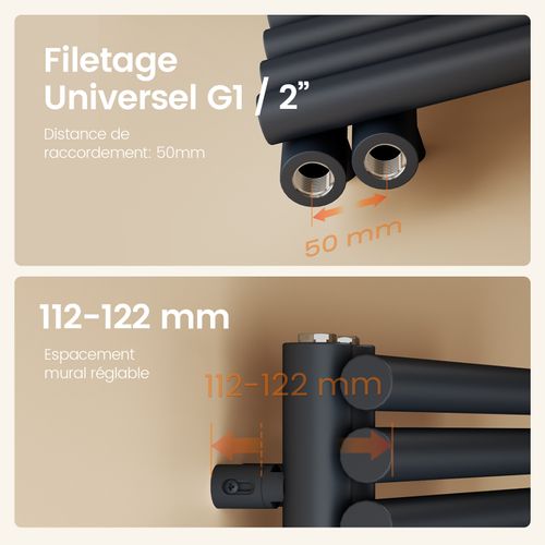 Sèche-serviettes à Eau Chaude 1535x600 Mm, 933w, Tubes Ronds, Porte-serviettes Mural, Anthracite