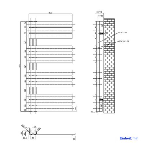 Sèche-serviettes à Eau Chaude 1041x500mm, 529w, Panneau Plat, Raccords Latéraux, Noir