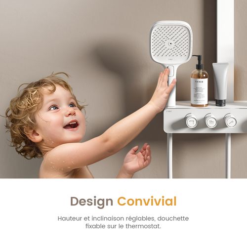 Colonne De Douche Thermostat Blanc Mat Débit Réglable Et Tête Carrée 36x24 Cm