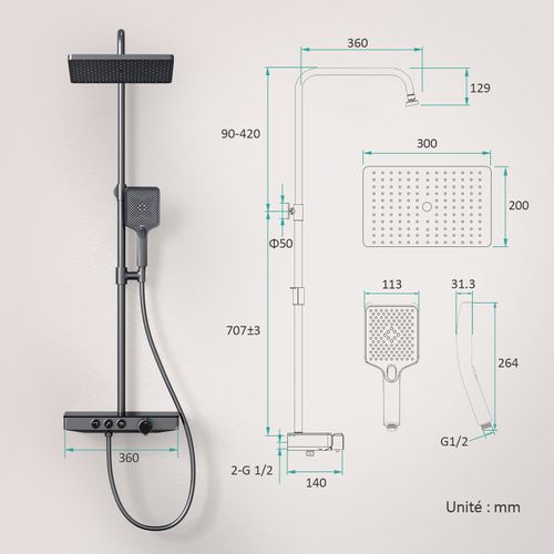 Colonne De Douche Thermostat Avec Verre Et Pommeau 3 Fonctions Anthracite