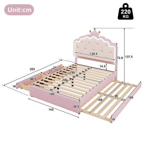 Lit Adulte Lit 140x200, Lit Gigogne Avec LED Réglable Et 2 Tiroirs, Pu, rose