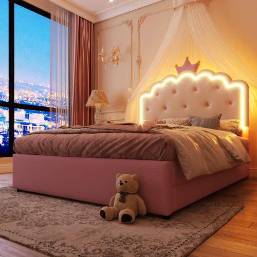 Lit Adulte Lit 140x200, Lit Gigogne Avec LED Réglable Et 2 Tiroirs, Pu, rose