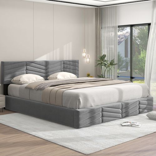 Lit Double Lit Coffre 180x200 Cm Tête De Lit Réglable En Hauteur, Velours, Gris, Sans Matelas