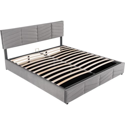 Lit Double Lit Coffre 180x200 Cm Tête De Lit Réglable En Hauteur, Velours, Gris, Sans Matelas