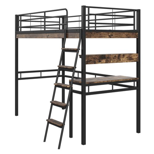 Lit Enfant Lit Mezzanine 90x200 Cm, Lit Avec Bureau, Étagère Et Échelle, Métal, Noir