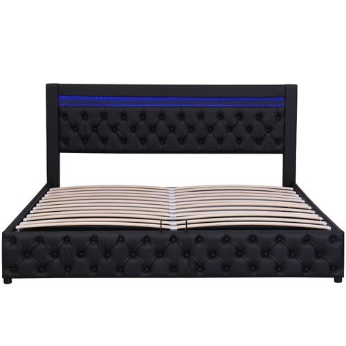 Lit Coffre Lit Double Rembourré 160x200 Cm Avec LED Et Sommier à Lattes, Pu, Noir, Sans Matelas
