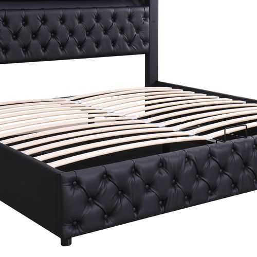 Lit Coffre Lit Double Rembourré 160x200 Cm Avec LED Et Sommier à Lattes, Pu, Noir, Sans Matelas