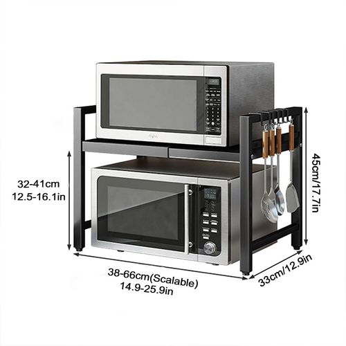 Étagère De Cuisine Extensible Pour Micro-ondes Avec 6 Crochets, Charge Maximale 30kg, Acier, Noir