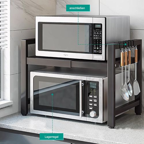 Étagère De Cuisine Extensible Pour Micro-ondes Avec 6 Crochets, Charge Maximale 30kg, Acier, Noir