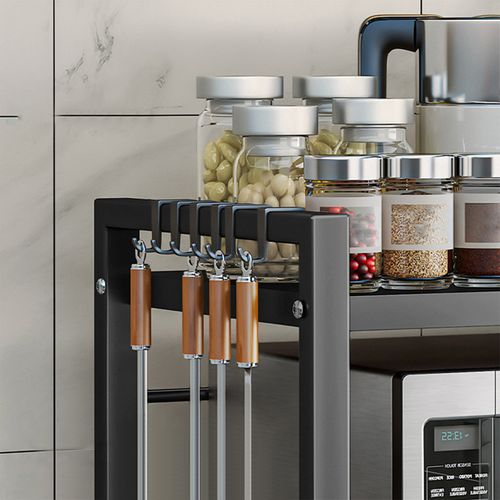 Étagère De Cuisine Extensible Pour Micro-ondes Avec 6 Crochets, Charge Maximale 30kg, Acier, Noir