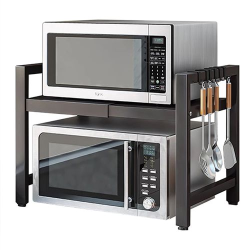 Étagère De Cuisine Extensible Pour Micro-ondes Avec 6 Crochets, Charge Maximale 30kg, Acier, Noir