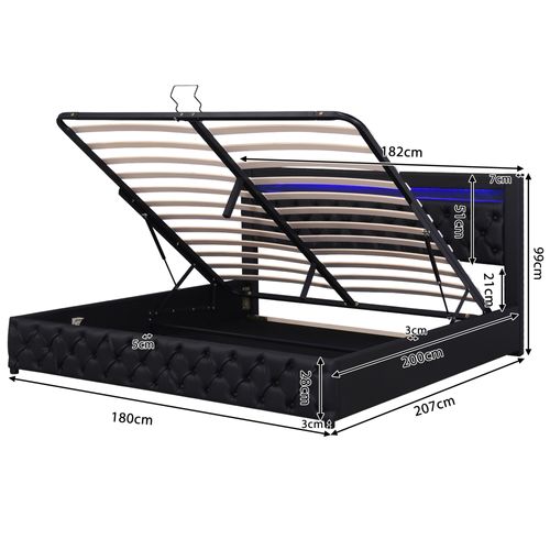 Lit Coffre Lit Double Rembourré 180x200 Cm Avec LED Et Sommier à Lattes, Pu, Noir, Sans Matelas
