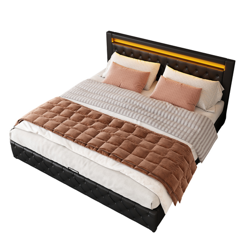 Lit Coffre Lit Double Rembourré 180x200 Cm Avec LED Et Sommier à Lattes, Pu, Noir, Sans Matelas