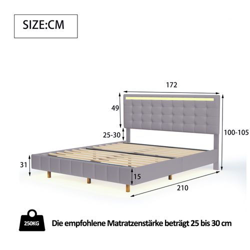 Lit Capitonné Double Avec LED 160 X 200 Cm, Lit Adulte Avec Tête De Lit, Lin, Gris , Sans Matelas