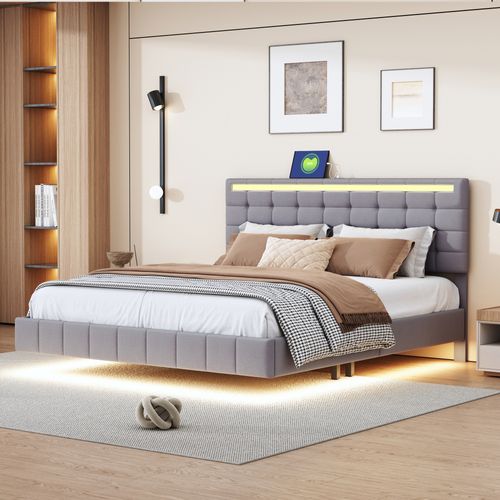 Lit Capitonné Double Avec LED 160 X 200 Cm, Lit Adulte Avec Tête De Lit, Lin, Gris , Sans Matelas