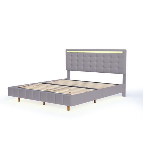 Lit Capitonné Double Avec LED 160 X 200 Cm, Lit Adulte Avec Tête De Lit, Lin, Gris , Sans Matelas