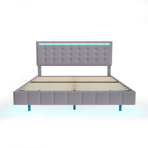 Lit Capitonné Double Avec LED 160 X 200 Cm, Lit Adulte Avec Tête De Lit, Lin, Gris , Sans Matelas
