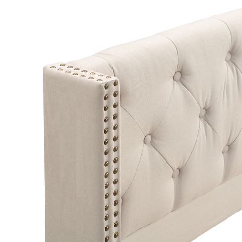 Lit Rembourré Adulte 160x200 Cm Rembourrage à Rivets, Pieds En Bois, Lin, Beige