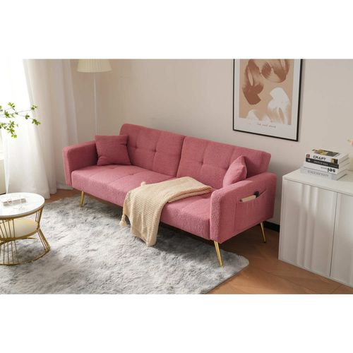 Canapé Convertible, Angle Réglable, Coussins Et Poches De Rangement Latérales, Laine, Rose