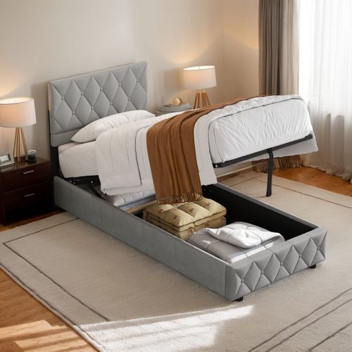 Lit Enfant Lit Coffre 90x190 Cm Lit Simple Avec Sommier à Lattes, Velours, Gris, Sans Matelas