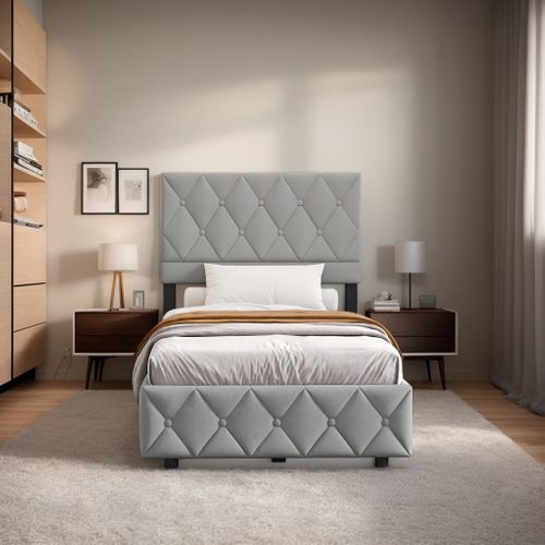 Lit Enfant Lit Coffre 90x190 Cm Lit Simple Avec Sommier à Lattes, Velours, Gris, Sans Matelas