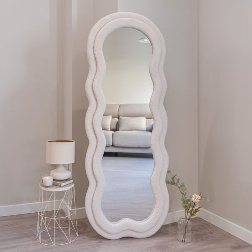 Grand Miroir Sur Pied Asymétrique, Beige, Tissu Teddy, 160 X 60 X 4 Cm