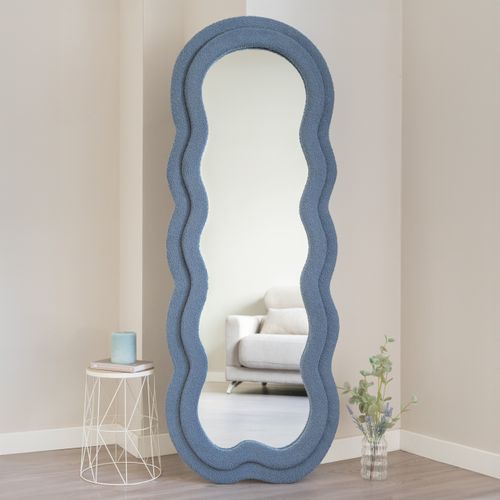 Grand Miroir Sur Pied Asymétrique, Bleu, Tissu Teddy, 160 X 60 X 4 Cm
