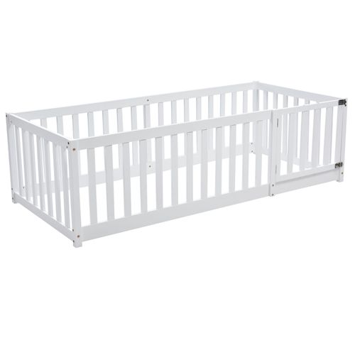 Lit D'enfant - 90 X 200 Cm - Lit De Sol Avec Clôture Et Porte - Pour Fille Et Garçon - Blanc