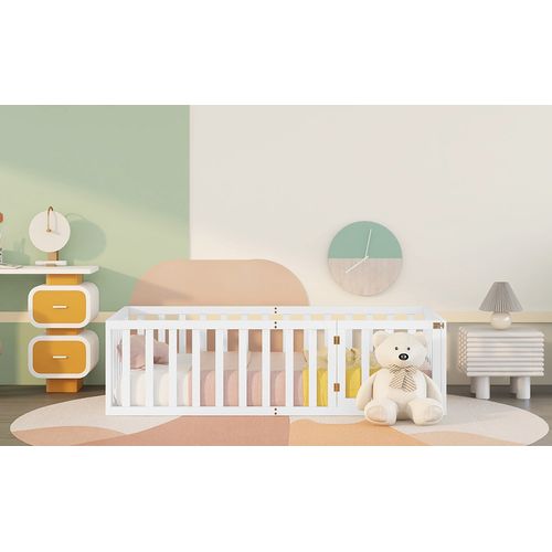 Lit D'enfant - 90 X 200 Cm - Lit De Sol Avec Clôture Et Porte - Pour Fille Et Garçon - Blanc