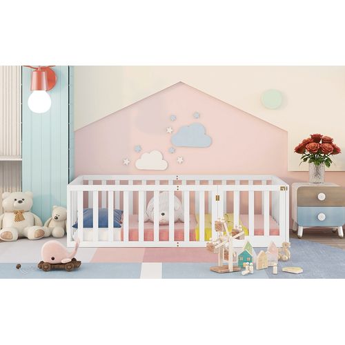 Lit D'enfant - 90 X 200 Cm - Lit De Sol Avec Clôture Et Porte - Pour Fille Et Garçon - Blanc