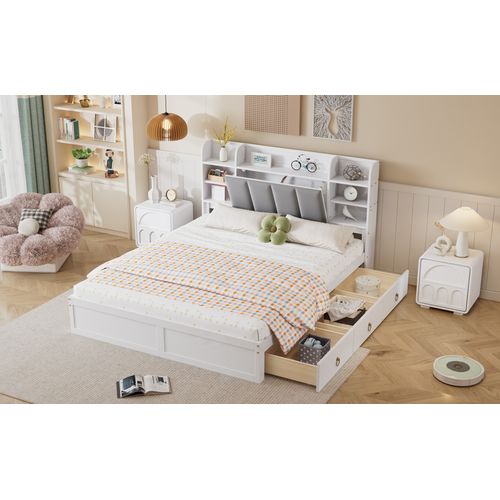 Lit Double 160x200 Cm Avec Étagères Ouvertes, Lit Coffre Avec Trois Tiroirs Sur Roulettes, Blanc